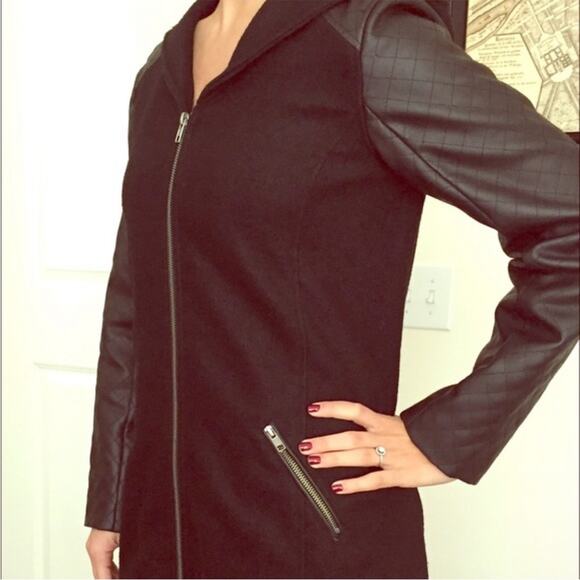 Jolt Faux Leather Sleeve Parka Hooded Womens Large Wool Blend Peacoat - Picture 2 of 10